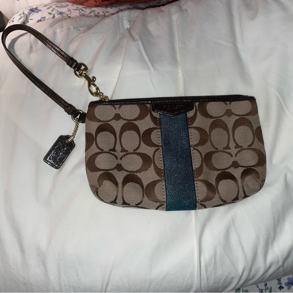 Brown and green authentic Coach wristlet